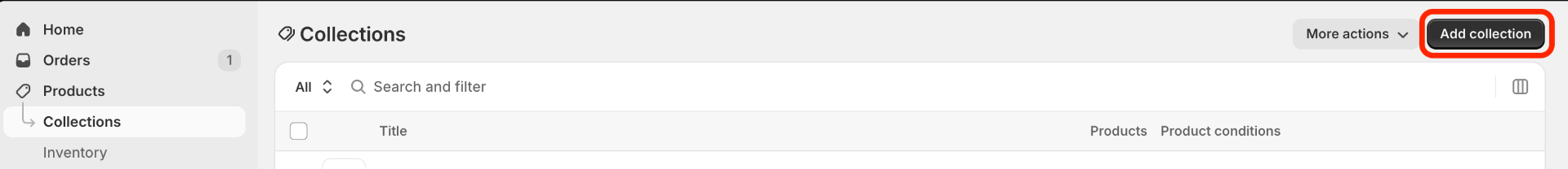 Shopify Collections page with the Add collection button highlighted