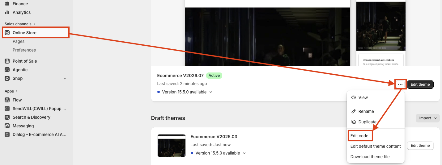 Shopify admin Themes section with the Edit code option highlighted
