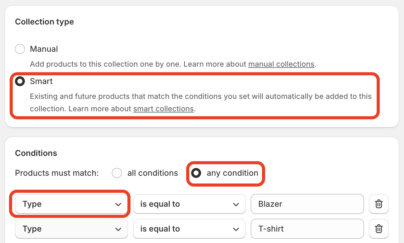 Smart collection setup with any condition and Product type selected