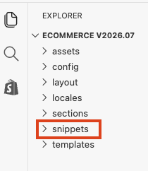 Shopify code editor file explorer with the Snippets folder highlighted