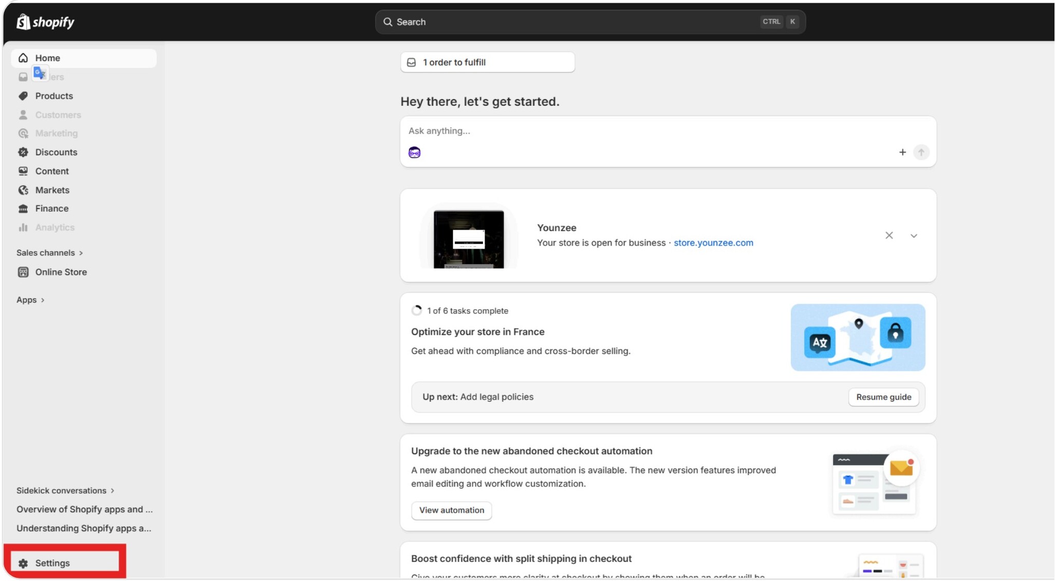 Shopify admin sidebar with Settings highlighted