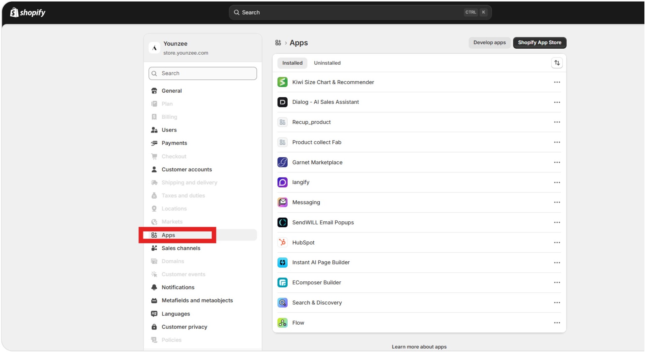 Shopify Settings with the Apps section highlighted