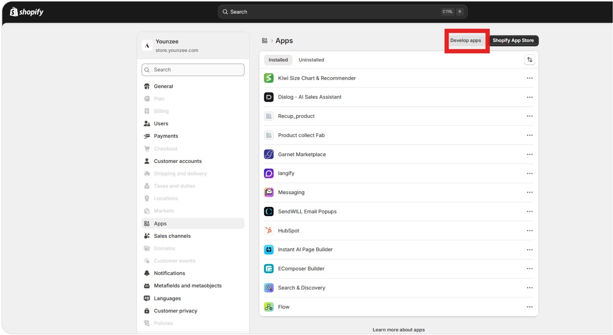 Apps page with the Develop apps button highlighted