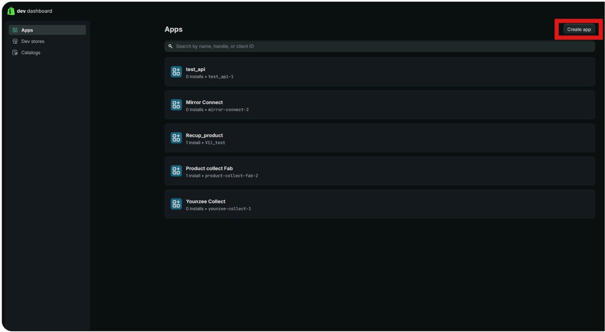 Dev Dashboard apps list with the Create button