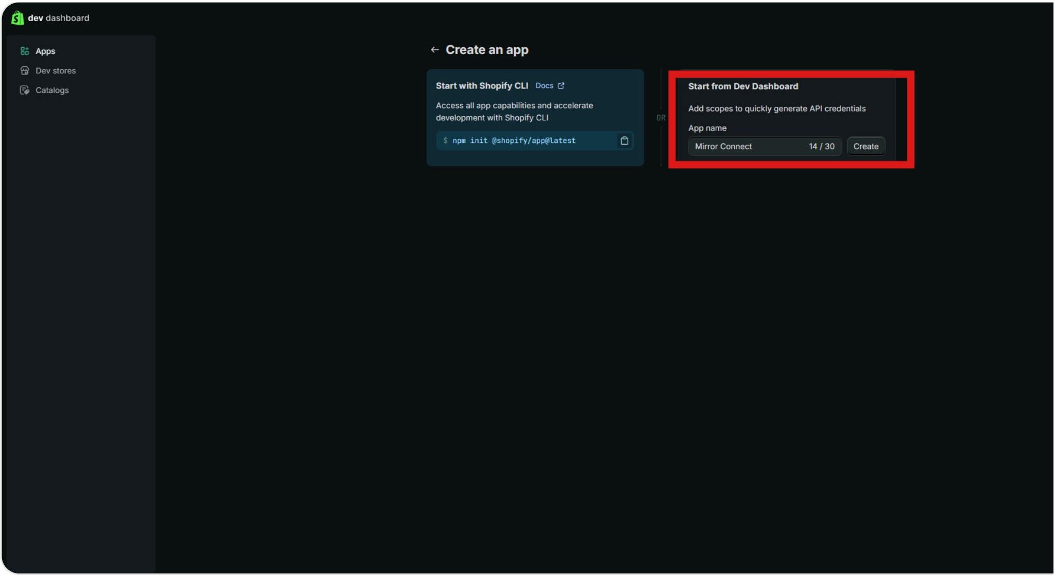 Create an app screen with Dev Dashboard option