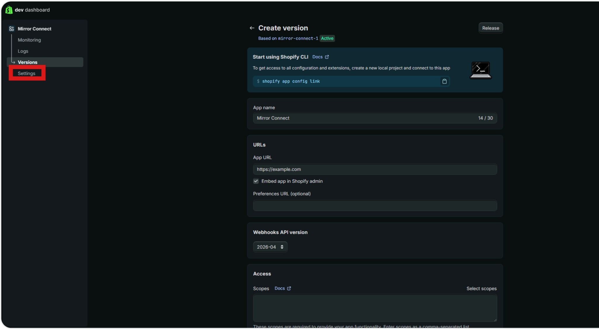 Create version screen with app name and URLs