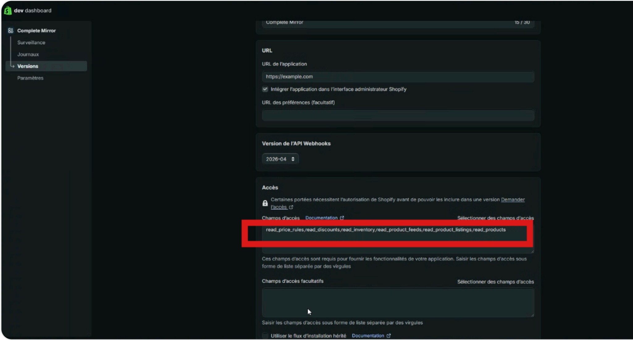 Access scopes configuration with read permissions