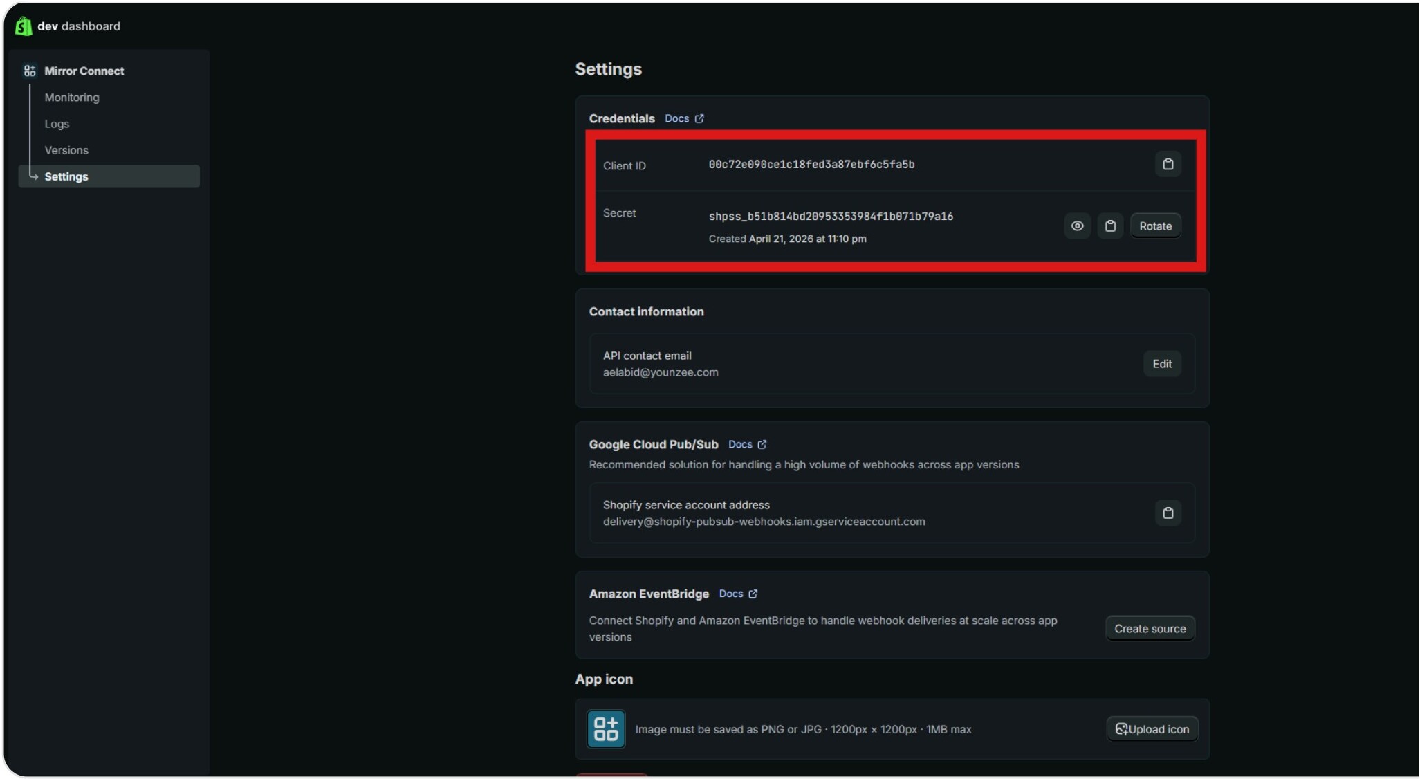 App settings screen showing Client ID and Secret credentials