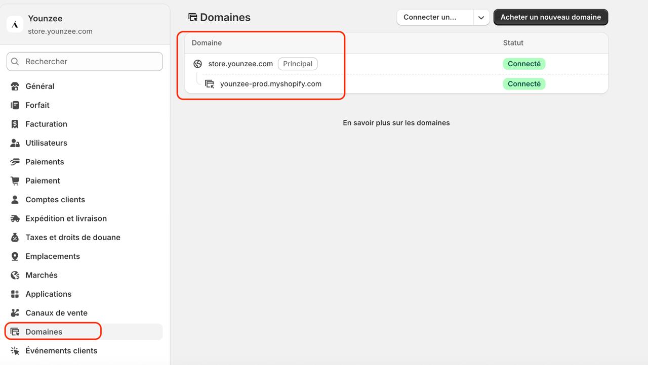 Shopify Domains settings showing the .myshopify.com domain