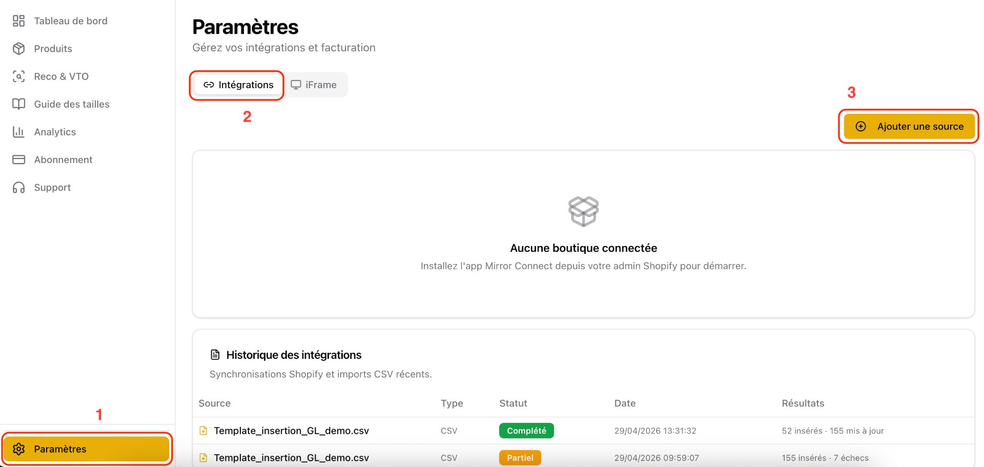 Mirror Admin Settings screen with the Integrations tab and the Add a source button highlighted