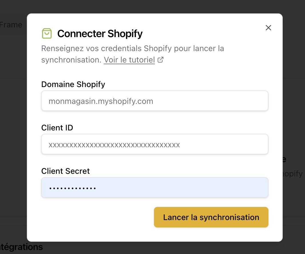 Mirror Admin Connect Shopify modal with domain, Client ID and Client Secret fields and the Start sync button